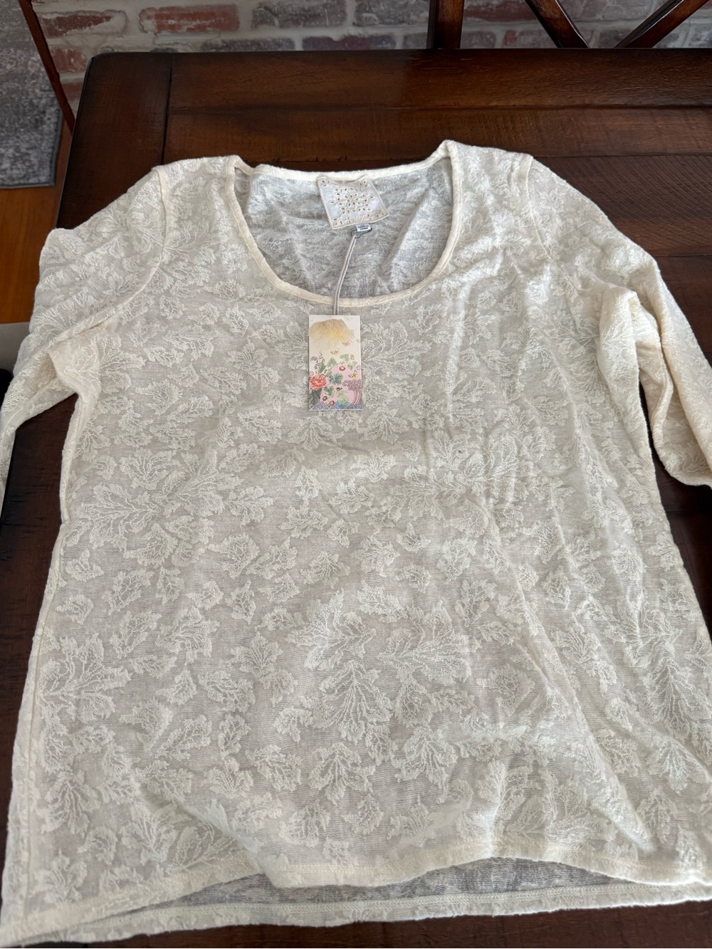 Johnny Was Cream Lace-Texture Scoop Neck Long Sleeve Top